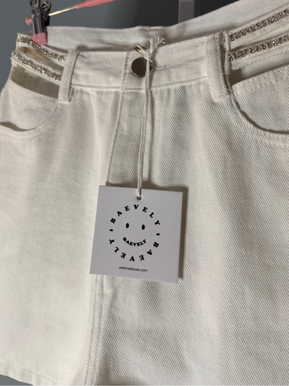170 • Denim White Shorts with Rhinestone Chain Accent